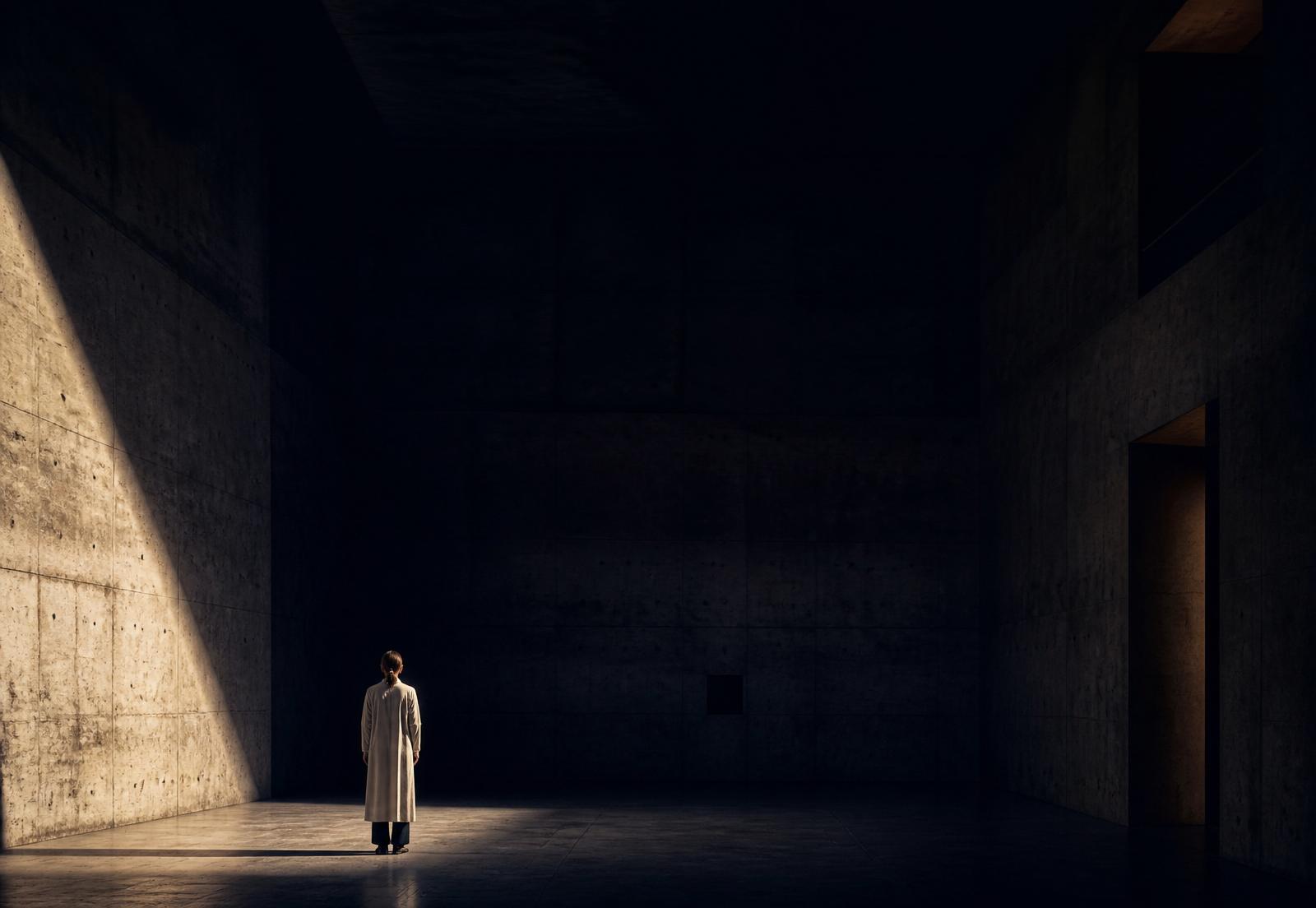 A solitary figure in a vast brutalist concrete hall lit by a single beam