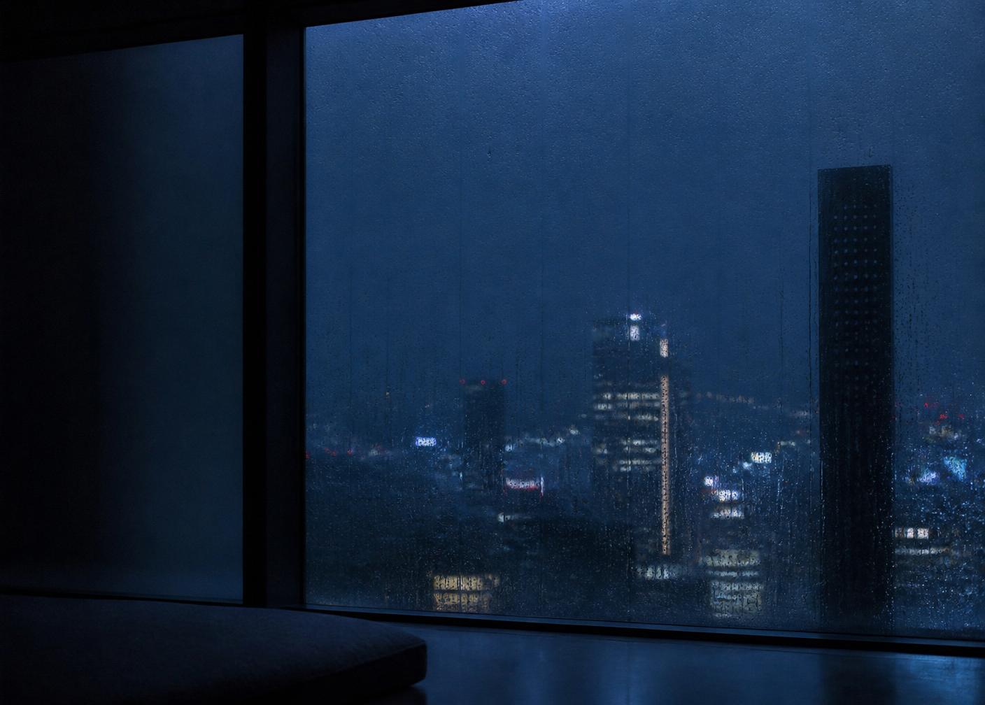 Rain against a window before dawn