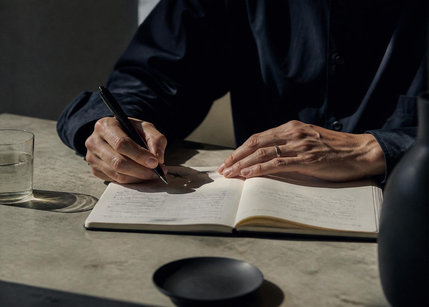 Hands writing in a notebook on a concrete surface